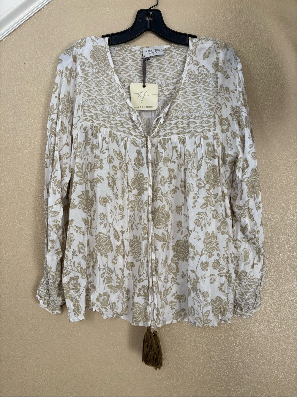 Dress Forum Cream and Olive Floral Peasant Blouse